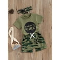 thumbnail image 2 of Bslissey Little Girls 3Pcs Summer Outfits Short Sleeve Letter Print T-shirt + Camouflage Shorts + Headband 3M 6M 12M 18M 24M 3T 4T 5T Toddler Kids Cute Shorts Sets, 2 of 9