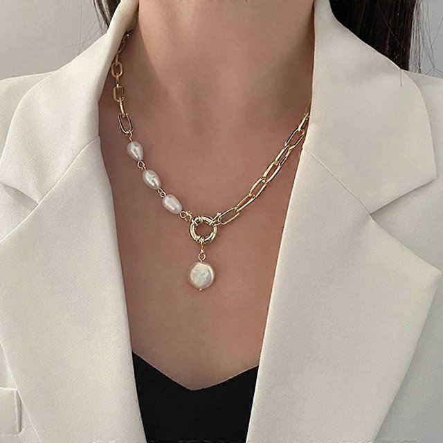 Fashion Alloy Chain Choker Necklace Paperclip Choker Chain Necklace Pearl Pendant Necklace Gold for Women and Girls