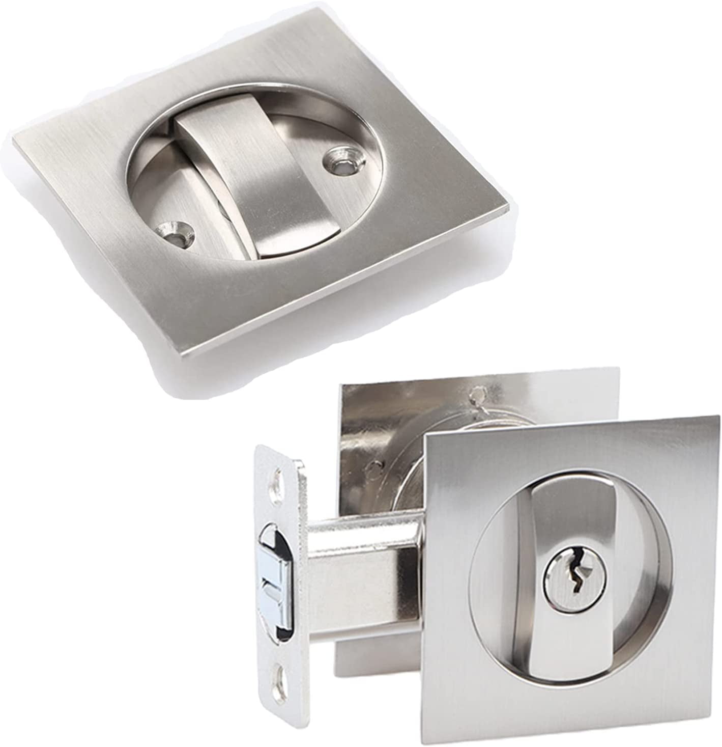 CCJH Privacy Pocket Door Lock Hardware with Key, Pocket Door Lock Handle  Invisible Wooden Barn Door Latch, Interior Privacy Furniture Hardware  Brushed Nickel Silver 1 Pack 