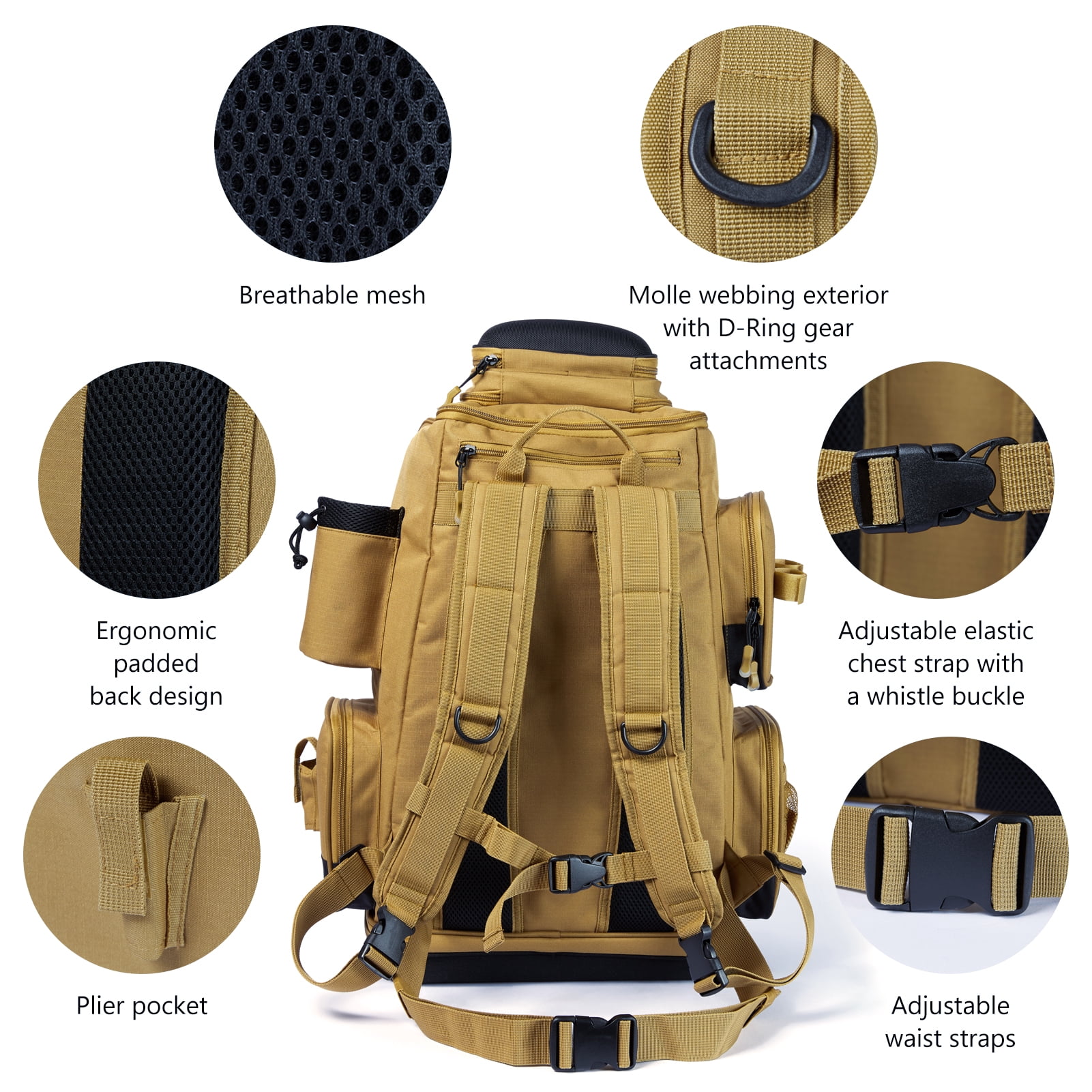 Bassdash Fishing Tackle Backpack Water Resistant Lightweight Tactical Bag Soft Tackle Box with Rod Holder and Protective Rain Cover