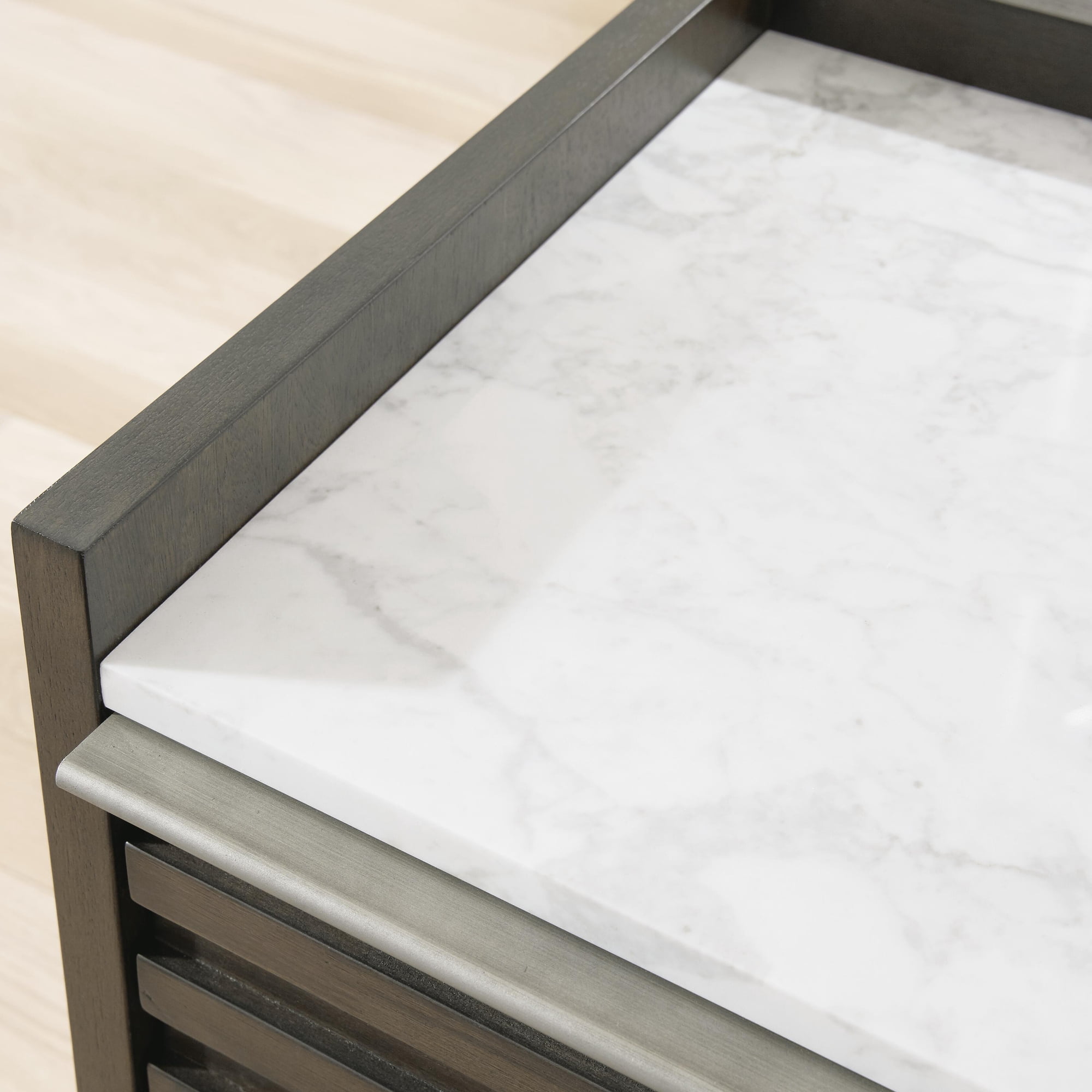 Signature Design by Ashley Arkenton 2-Drawer Nightstand with White Marble Top - Modern Bedroom Side Table, Grayish Brown Wood Finish