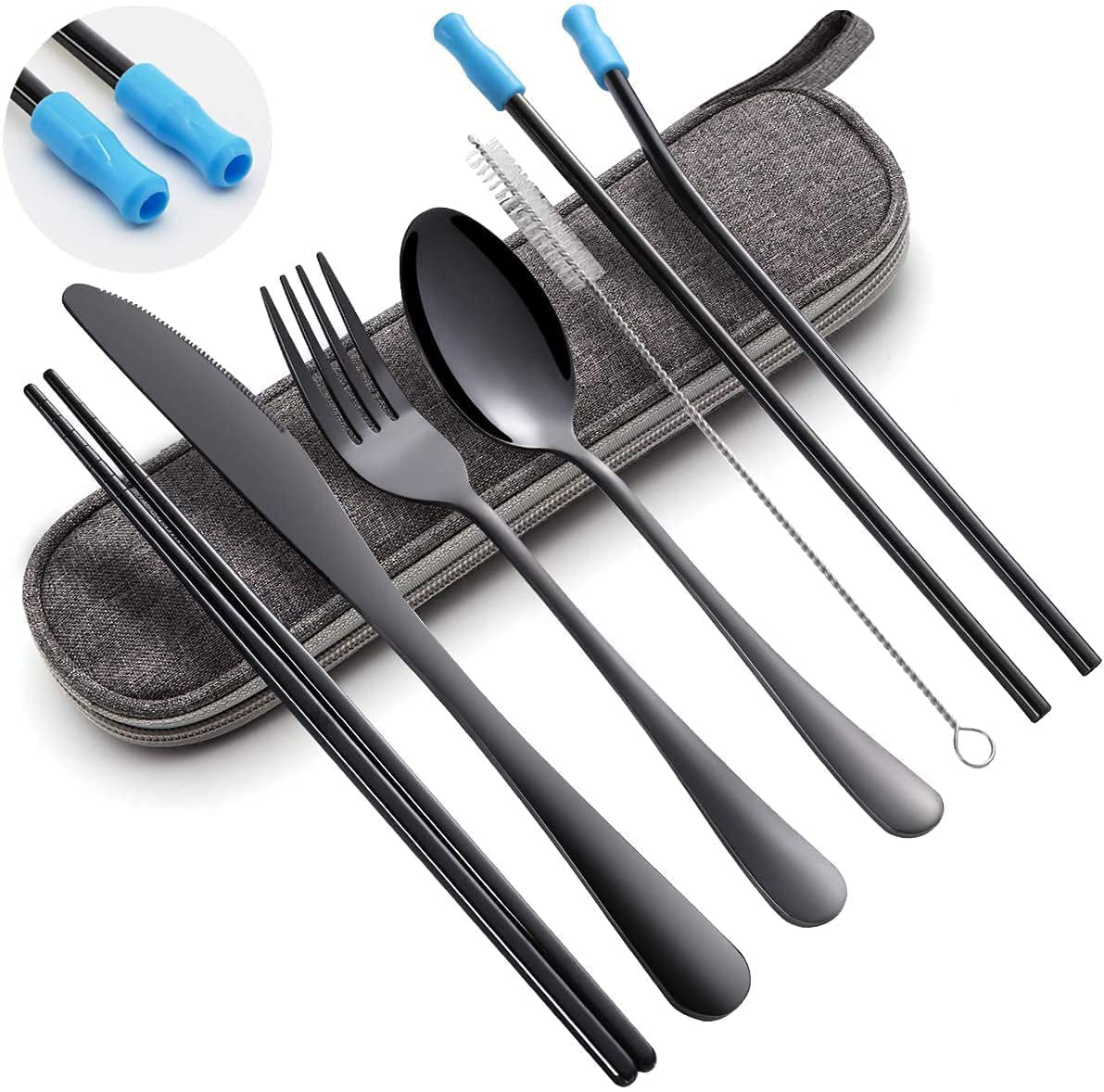 7psc Reusable Lunch Cutlery Set Stainless Steel Straws Brush Travel Flatware Set 