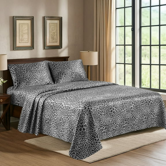 Satin Sheets Queen [4-Piece, Silver Leopard] Hotel Luxury Silky Bed Sheets - Extra Soft 1800 Microfiber Sheet Set, Wrinkle, Fade, Stain Resistant - Deep Pocket Fitted Sheet, Flat Sheet, Pillow Cases