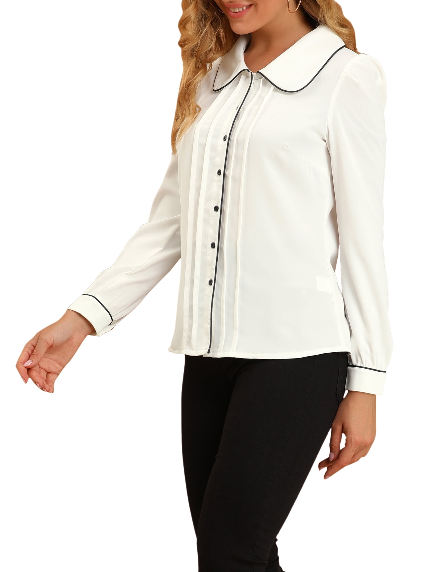 DARING DIVA Women's Peter Pan Collar Puff Sleeve Work Blouse XL White