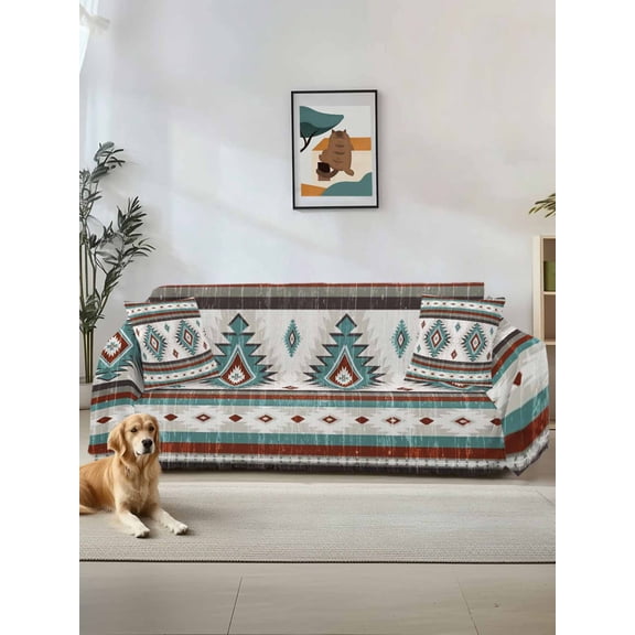 Turquoise Red Boho Couch Cover, Southwestern Ethnic Aztec Retro Geometric Sofa Cover Blanket for 2 Seat Cushion, Sectional Sofa Slipcover Furniture Protector for Living Room Bedroom 71''x102''
