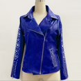thumbnail image 2 of Chaquetas de traje estilo casual Chaqueta con cremallera y solapa sólida para mujer, abrigo de manga larga con tachuelas, ropa de abrigo corta,blazer moda（Azul， M), 2 of 4