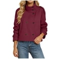 thumbnail image 2 of TGSLY Women's Fall High Collar Trench Coat Lightweight Double Breasted Short Jacket with Pockets Casual Solid Color Tab Cuff Long Sleeve Coat with Belt M, 2 of 8