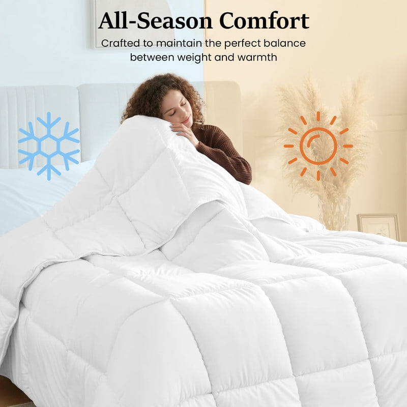 100% Cotton All-Season Comforter - Box Stitched Comforter - Bedding with Corner Tabs Machine Washable Lightweight Color White Solid Pattern Size King (104"x90")