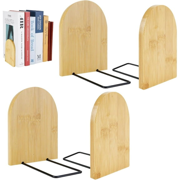 2 Pairs Book Ends, Book Stand for Shelves, Bamboo Wood desktop bookends, Book Stopper with Metal Base, Book Holder for Heavy Books Decorative Bookends for Home School Office (5.1 x 3.2 x 4.1inch)