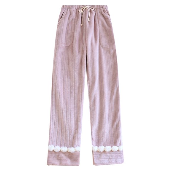 LWavelet Ribbed Fabric Pom-pom Trim Lounge Pants Women Casual Home Wear Pink L