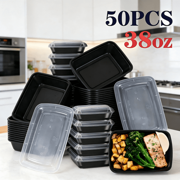 50 pieces, 38 ounces, black rectangular food storage container, container for preparing meals, disposable plastic portable with lid container, lunch box, stackable, suitable for microwave oven.