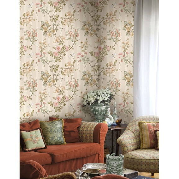 Cream Coral Spring Meadow Floral Trail Print Non Woven Non-Pasted Textured Wallpaper 57 Sq. Ft.