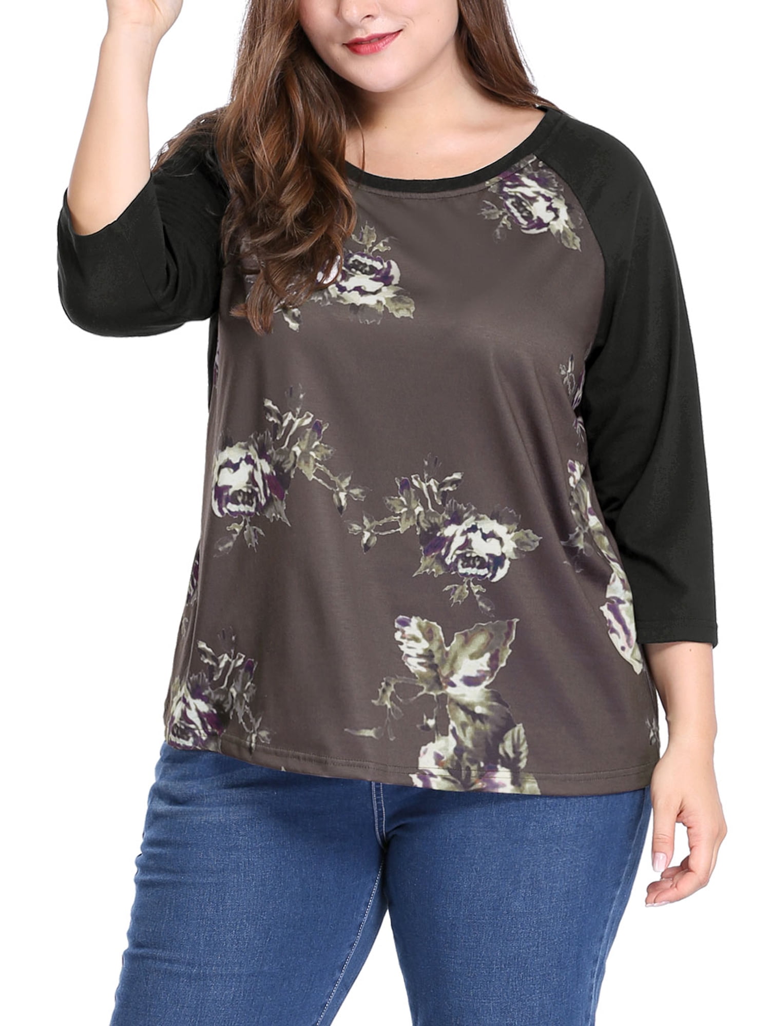 DARING DIVA Women's Plus Size Raglan Crewneck 3/4 Sleeve Floral Tunic Tee 2X Coffe