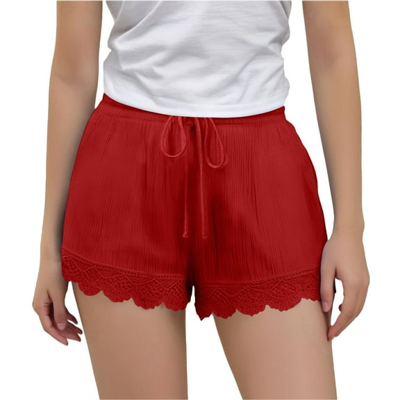 ZACPNCV Summer Shorts for Girls Elastic Waist Drawstring Lace Trim Pleated Beach Shorts Comfy Loose Lightweight Casual Shorts Red 13-14 Years