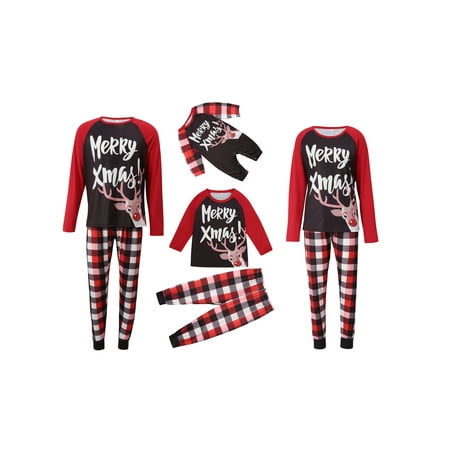 

Peyakidsaa Matching Family Christmas Pajamas Long Sleeve Letter Deer Tops/Bodysuits Plaid Pants Christmas PJs Set Bodysuits