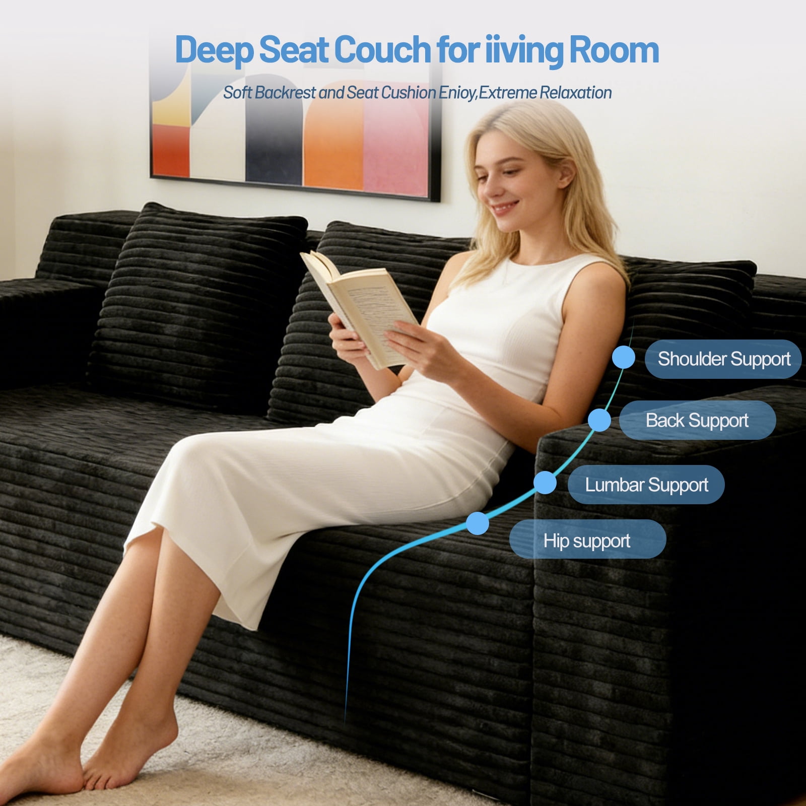 Sofa, Loveseat, Sectional Sofa&nbsp;with Corduroy Fabric, 71" Deep Seat Modular Floor Couch for Living Room, Bedroom, Apartment, No Assembly Required, Antique Black