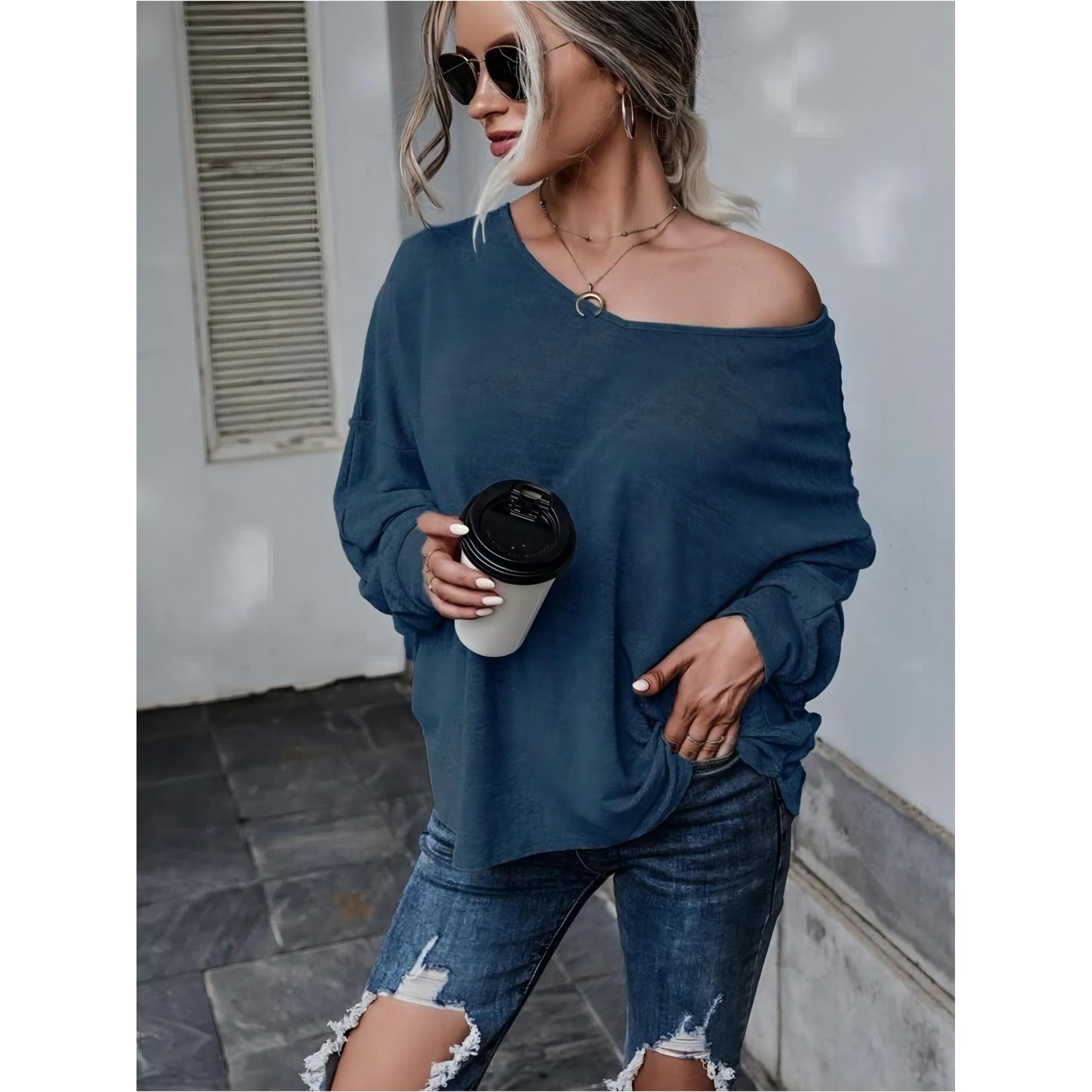INFITTY Women Long Sleeve Shirts T-Shirt Backless Crewneck Loose