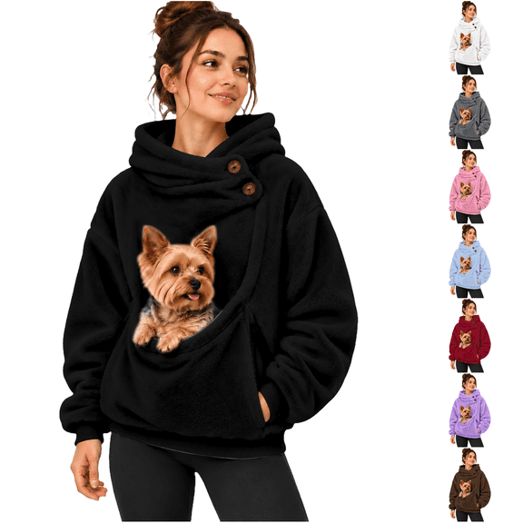 LNZGNM Pet Pouch Hoodie for Women Fleece Kangaroo Pocket Sweatshirt with Zipper Soft Plush Cuddle Pouch Dog Carrier Pullover Tops,Black (L)