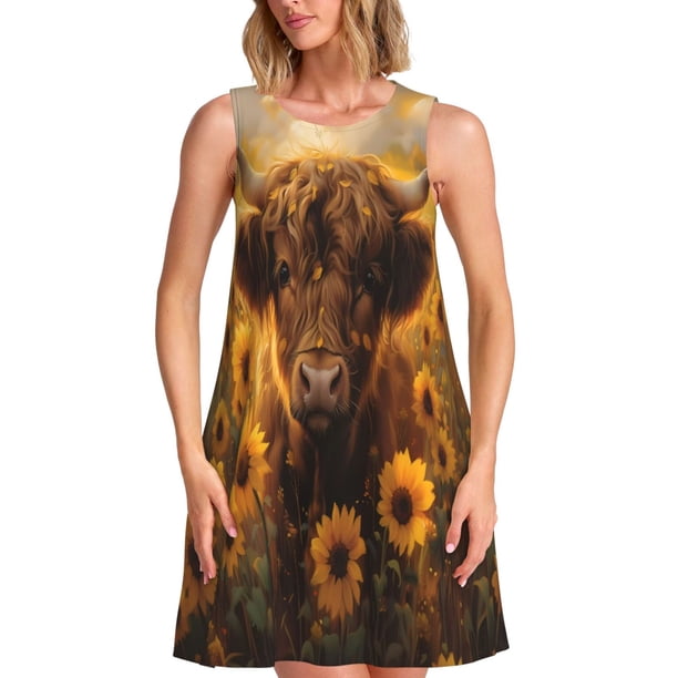 Fotbe Cute Cow Sunflower Field Vestido de Verano sin Mangas para Mujer – Vestido Midi Línea A, Estilo Camiseta Floral, Vestido Playero Casual y Fluido