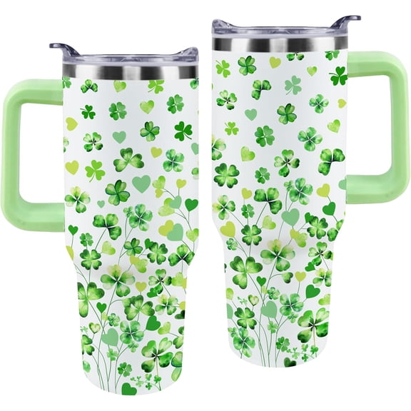 40oz St Patricks Day Tumbler St Patricks Day Tumbler, Green White Shamrocks Lucky Irish Gifts for Women Men, Stainless Steel Double Walled Vacuum Cup