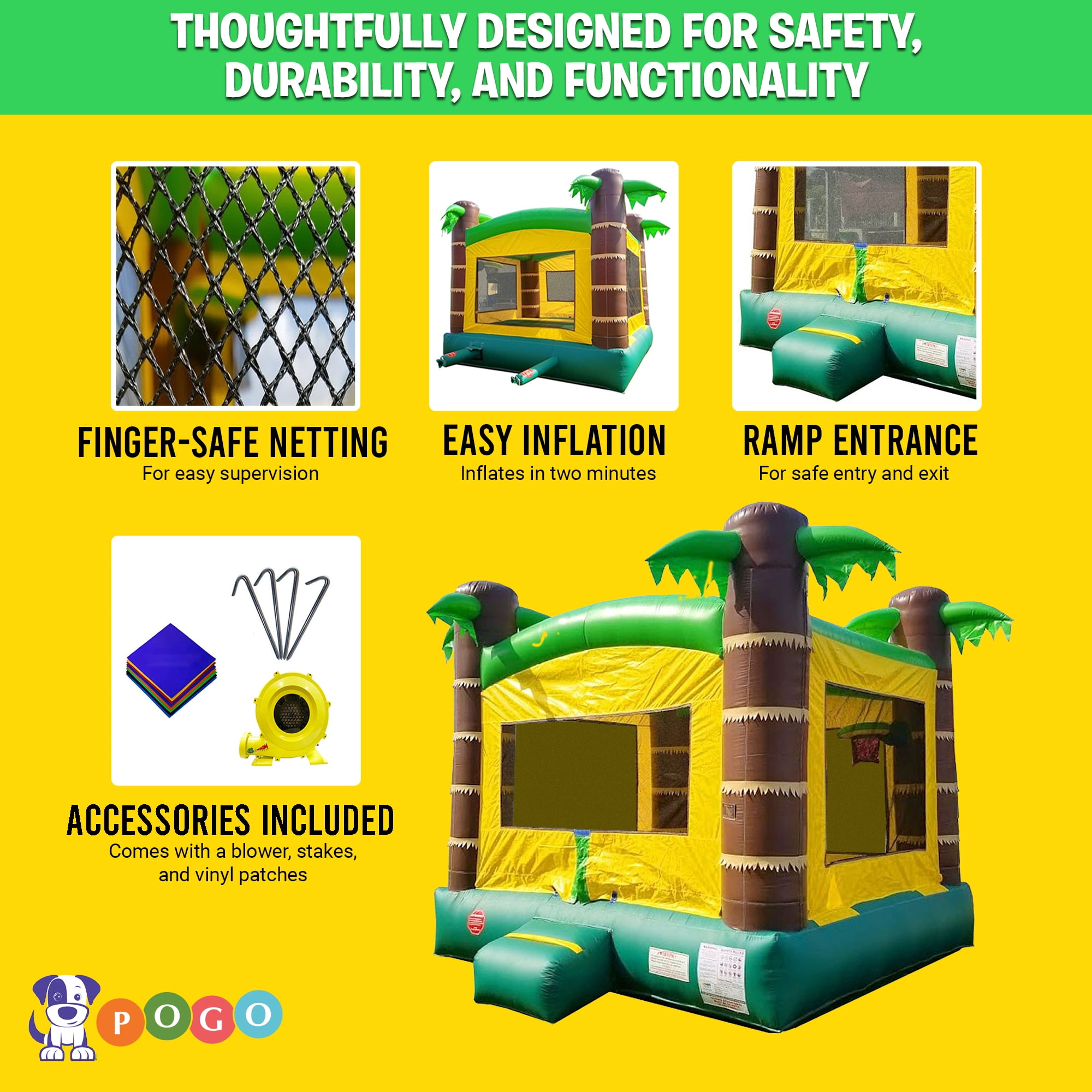 Pogo Bounce House Crossover Duo, Tropical Kids Bounce House and Rainbow Inflatable Water Slide