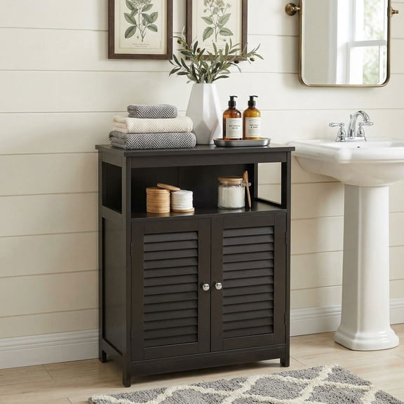 YYAo Bathroom Storage Cabinet, Toilet Storage Cabinet, Wood Freestanding Bathroom Storage Cabinet with Double Shutter Door-Black