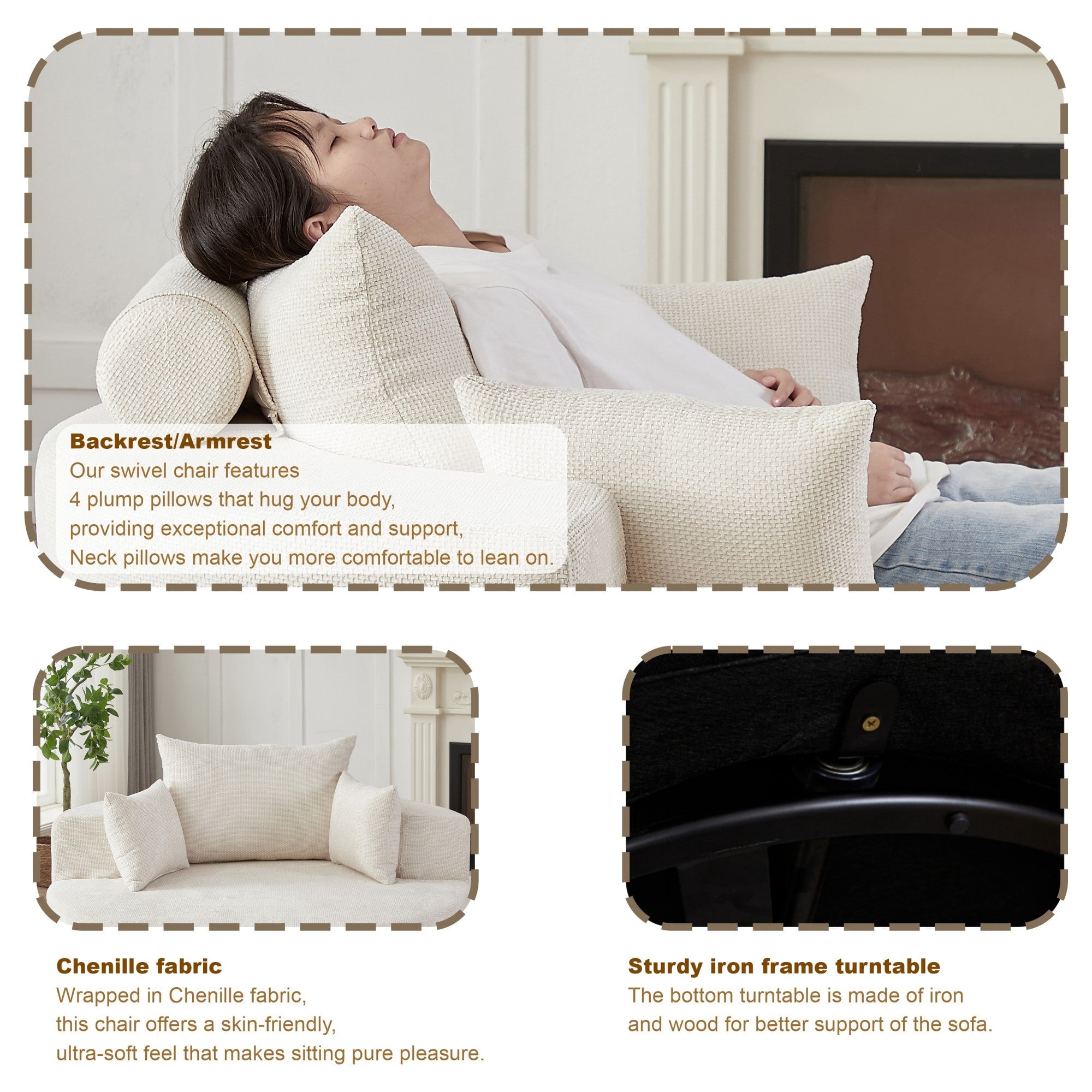 Sailvan 55" Chenille Fabric Swivel Chair, Modern Round Sleeper Sofa with 360 Degree Rotation, Fluffy Foam Lounge Chair for Living Room Beige