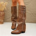 thumbnail image 2 of Shadoumai Women's Slouchy Knee High Boots Pointed Toe Leather Motorcycle Boots Vintage Low Heel Retro Foldover Fall Pull On Stacked Heeled Goth Winter Boots, 2 of 10
