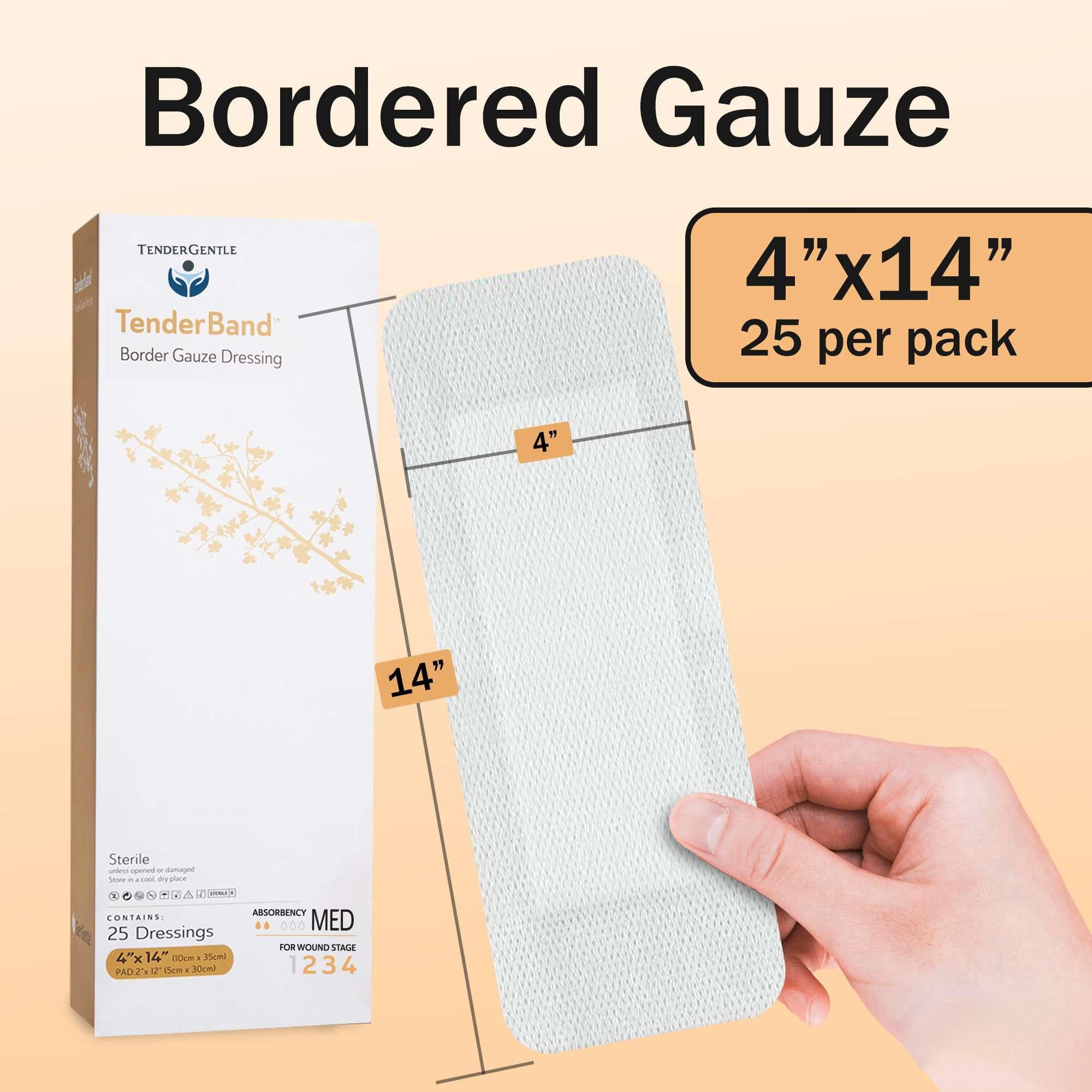 Tender Gentle XL Island Dressing Bordered Gauze 4"x14 - 25 Gauze Bandages for Wound Protection - Individually Packed Non-Stick Pad with Adhesive Border, Ultra Soft and Breathable