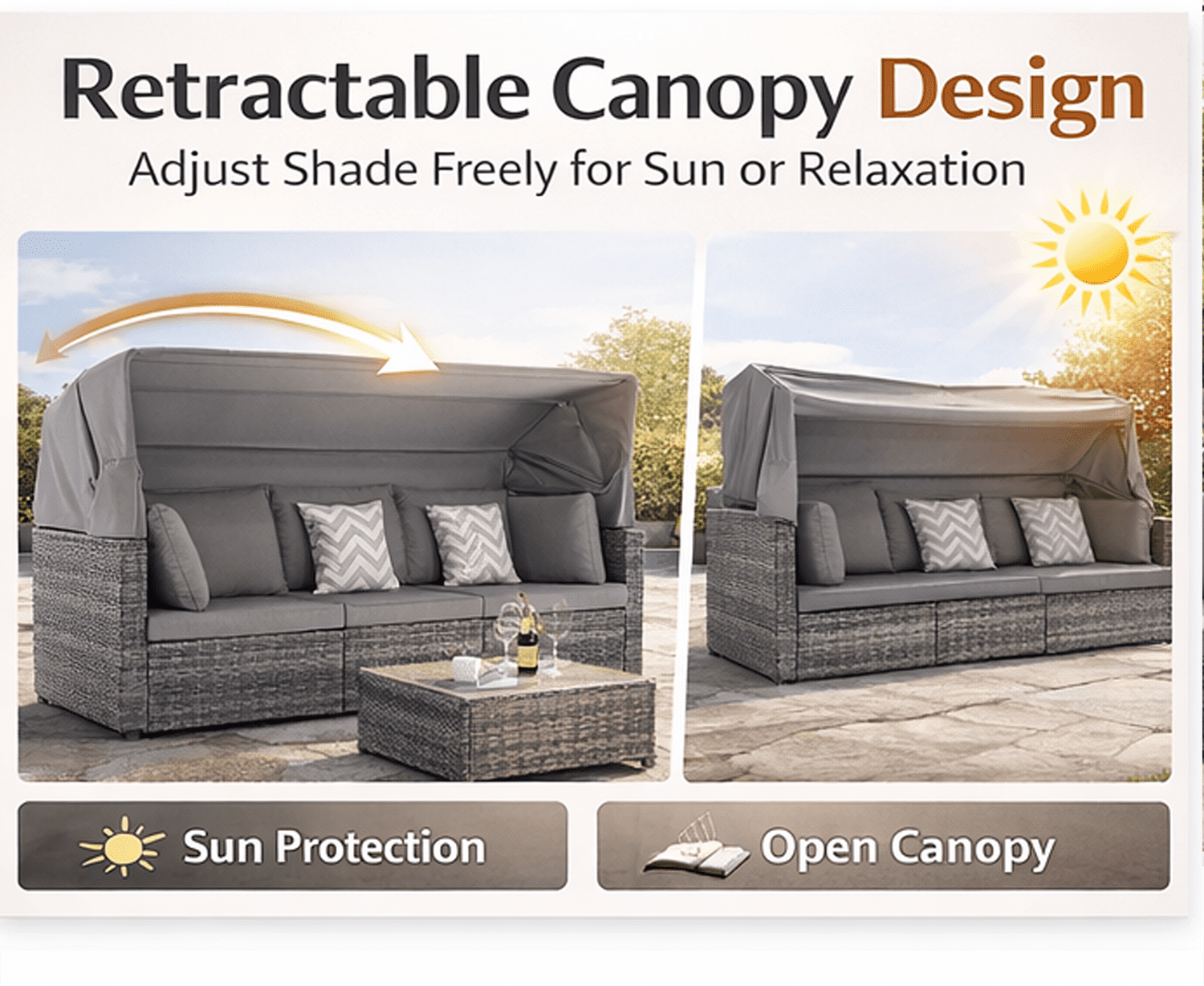 Seizeen 5-Piece Outdoor Daybed, Rattan Sectional Sofa Set with Retractable Canopy, Patio Sectional Bed with Side Table, Outdoor Sunbed for Backyard Porch Pool with Cushions, Adjustable Daybed