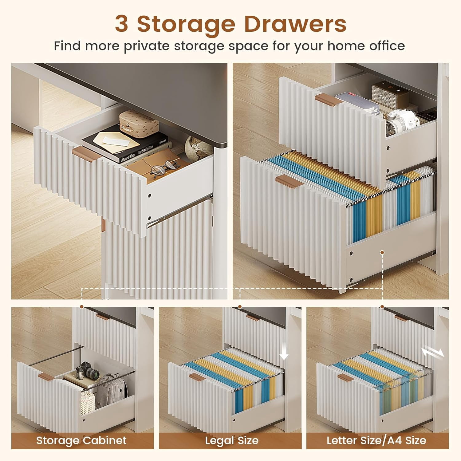 66" Fluted Home Office Desk with Storage, L Shaped Desk with Power Outlets & Monitor Stand, Wood Computer Desk with Drawers & Cabinet, Corner Desk with LED Lights for Bedroom, White