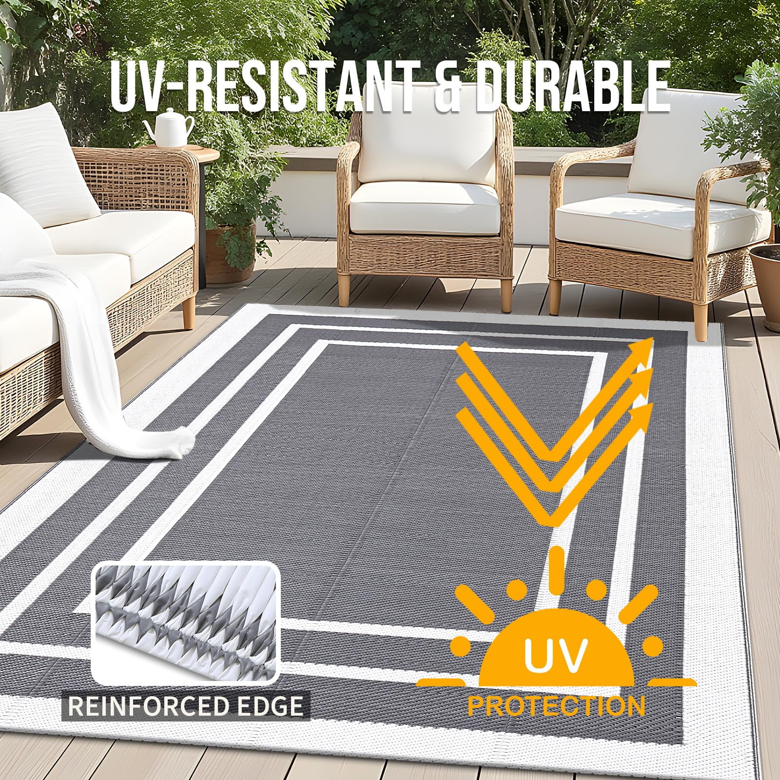 Smiry Outdoor Rugs 5x8, Waterproof Plastic Straw Indoor Outdoor Mat for Patio, RV Camping, Deck,Porch, Grey & White