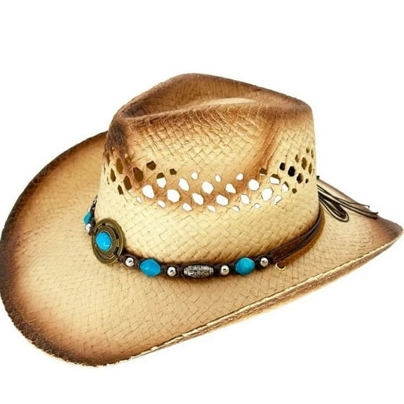 KIDS Tea Stain Straw COWBOY HAT w Turquoise Blue Beads Shapeable WESTERN Cowgirl - New with box/tags