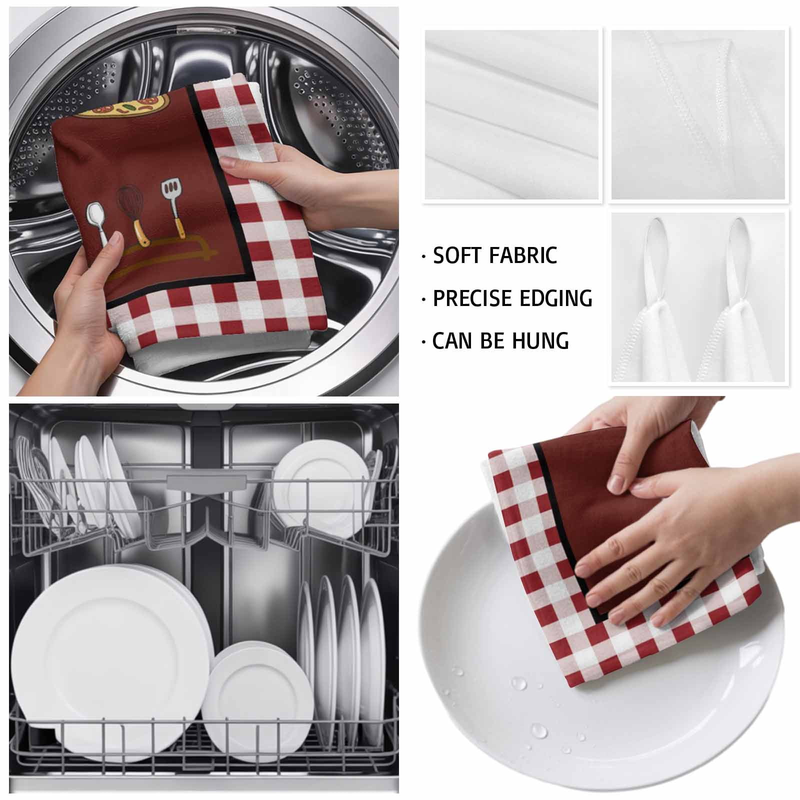 Kitchen Towel Kitchen Cute Chef Cook Burgundy Red Plaid Dish Cloths 2 Pack 18x28in,Super Absorbent Tea Hand Towels Bathroom Cleaning Cloth Pizza Gourmet Soft Dishcloth for Drying Dishes