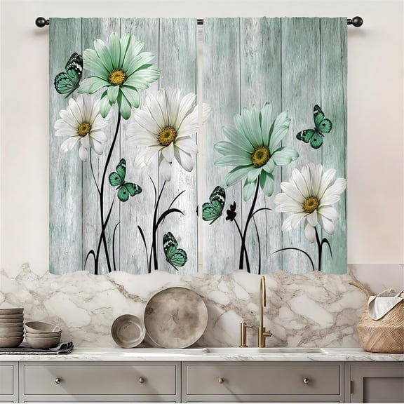Farmhouse Floral Kitchen Curtain 27.5W X 39L Inch 2 Panel Rod Pocket Rustic Teal Green Flower Vintage Daisy Country Turquoise Retro Small Short Cafe Tier Drape Treatment Wooden Bathroom Decor
