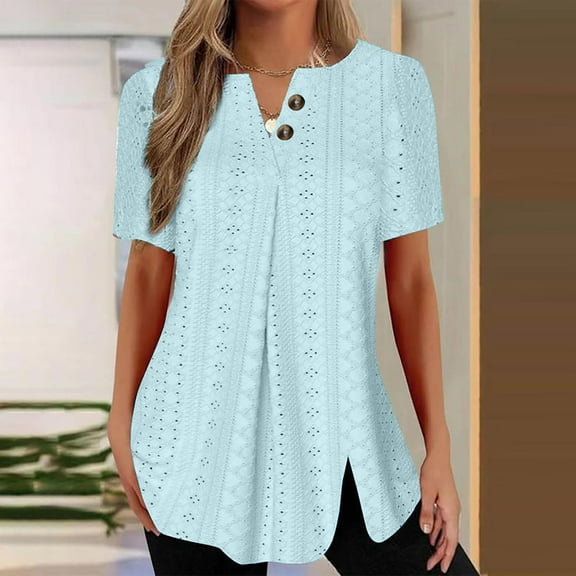 VKOYWKM Women's Tunic Tops Summer Dressy Casual Blouses Business Work Outfits Solid Short Sleeve Eyelet Tops Button Up V Neck Henley Shirts