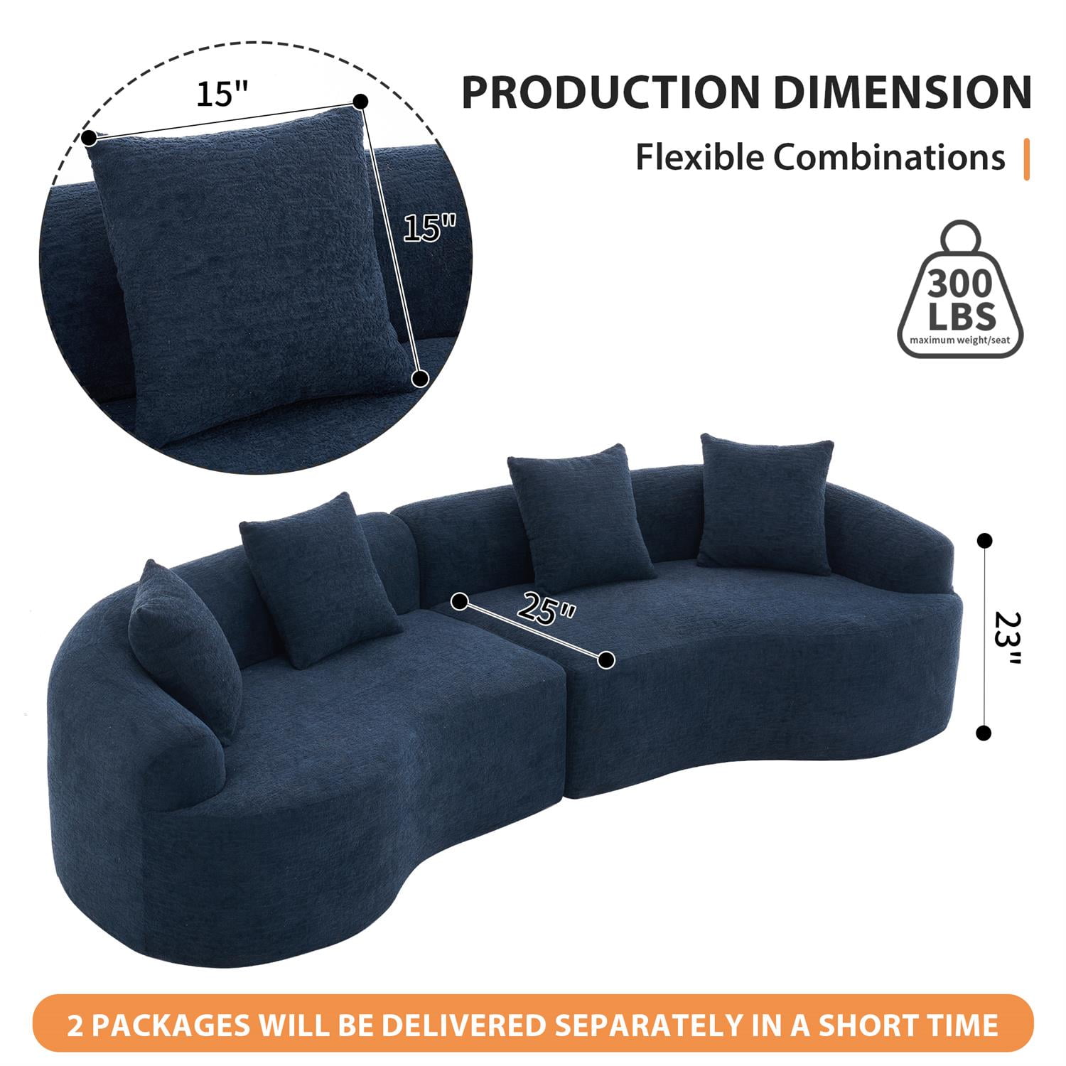 Demi Bonn 110"L Modular Sectional Sofa with Full Compression Sponge, Curved Design, High-Density Chenille Sleeper Couch for Living Room, 800 lbs Capacity, Blue