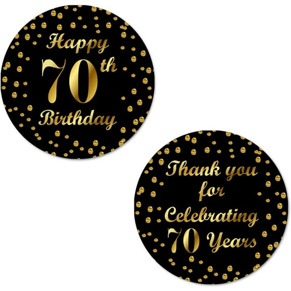 70th Birthday Round 2 Inch Big Glossy Stickers, Thank You for Celebrating 70 Years Black and Gold Labels, Great for Party Favors, Decorations, Tags, Gift Bags and Supplies