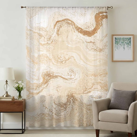 Beige Marble Sheer Curtains 96 Inches Long, Chic Neutral Minimalist Fluid Aesthetic Light Filering Curtains, Privacy Drapes Simi Floor to Veiling Curtain for Living Room Bedroom Window Treatment