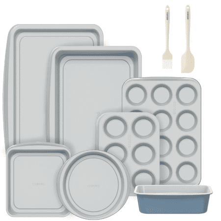Carote 9 Pc Stackable Nonstick Bakeware Set, Includes Cookie Sheet, Muffin, Bread, Cake, Loaf & Roasting Pans, Gray & Blue