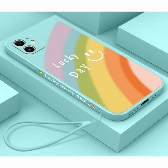 Cute Rainbow Straight Edge Soft Liquid Silicone Back Bumper Compatible with iPhone Case,Couple Phone Case Cover, Light Cyan, Iphone 12pro