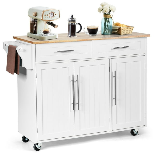 Costway Carrito de Cocina con Ruedas 2 Cajones 2 Gabinetes Isla de Cocina Rodante Porta Toallas Cuchillos Estante Ajustable para Comedor