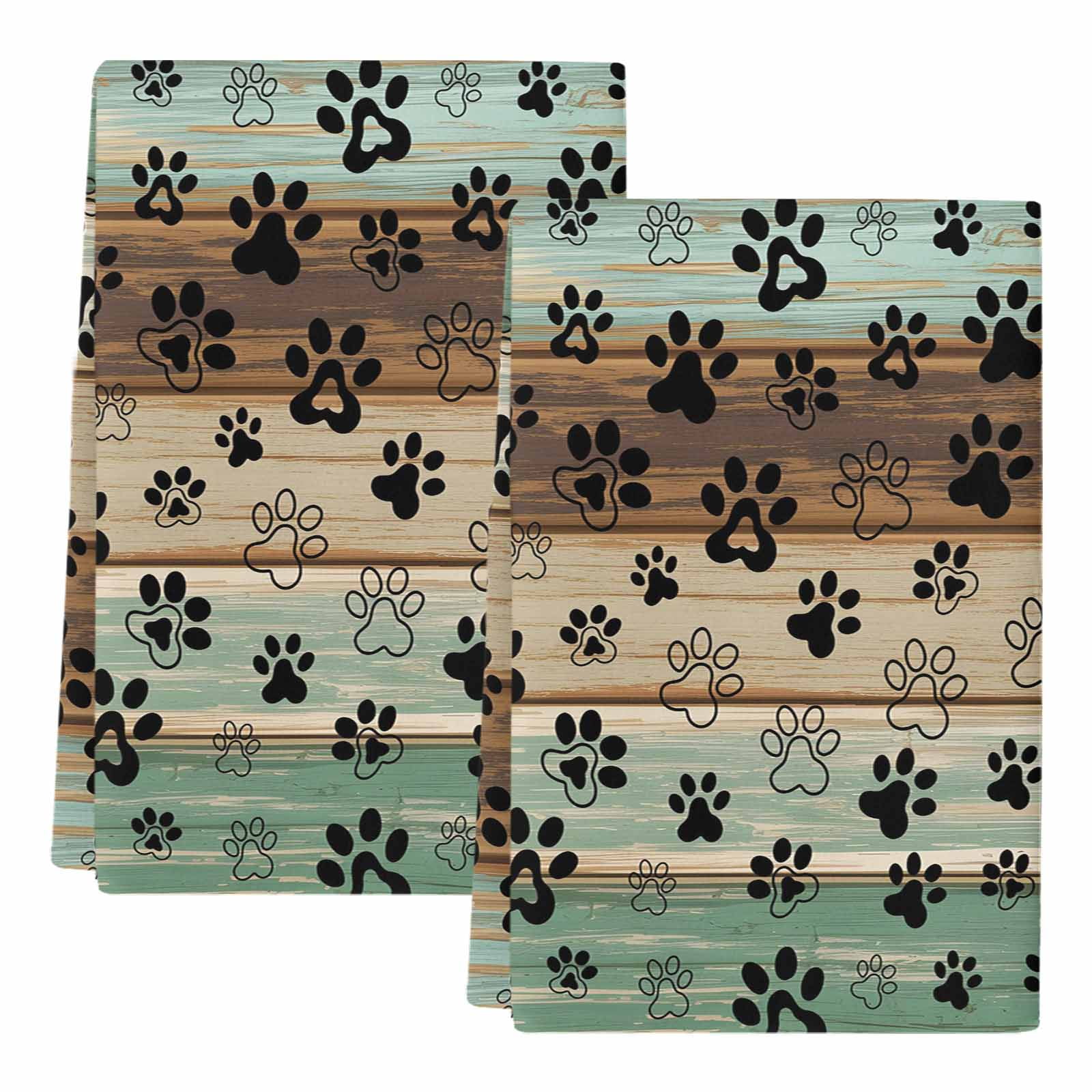 Teal Brown Kitchen Towels Set of 2, Pet Paw Printed Farmhouse Dog Claws Wood Grain Absorbent Dish Towels for Kitchen, Microfiber Hand Towel, Quick Drying Tea Towel for Cleaning Decorative Dishcloths