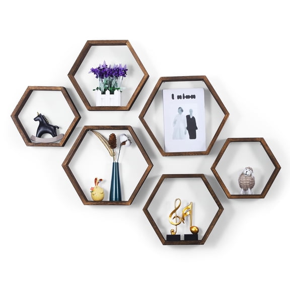 Hexagon Floating Shelves Set of 6, Wall Mounted Honeycomb Shelves for Wall Decor, Home Decor Shelf Wall Mounted Geometric Wood Shelves for Living Room Bedroom Office