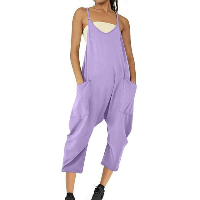 DPTALR Women Casual Cold Shoulder Capris Jumpsuit Solid Suspender Jumpsuits Wide Pocket Leg Pant