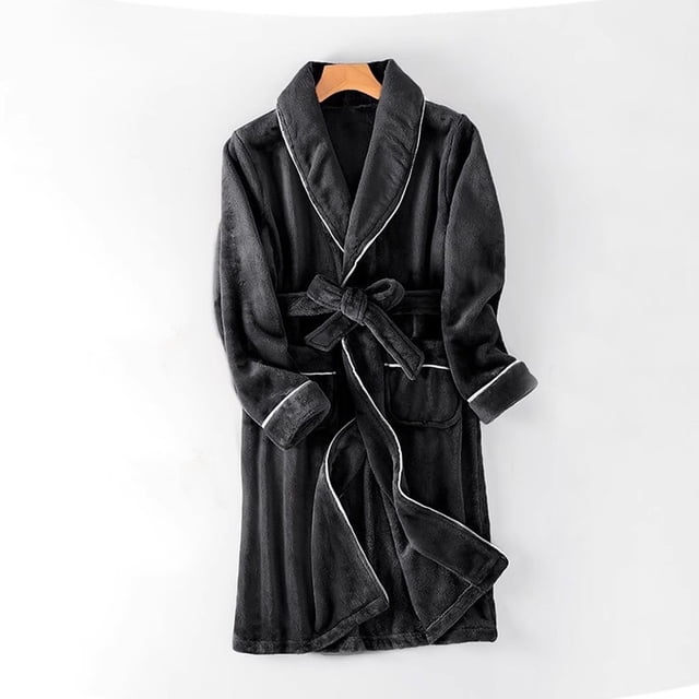 Fleece Robes for Men with Pockets and Belt Long Sleeve Collared Bathrobes Mens Casual Solid Color Thermal Warm Open Front Loungewear Bath Robe Pajamas