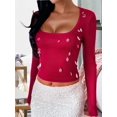 thumbnail image 4 of Chemises à Manches Longues pour Femmes Crop Tops Mode Automne Col Carré Sorties Basiques Tees Vêtements Y2k Rouge Vin P, 4 of 7