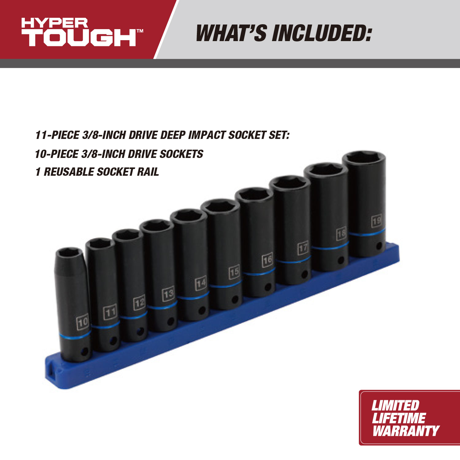 Juego de 11 piezas de dados de impacto métricos de 3/8 pulgada Hyper Tough (mm) 4