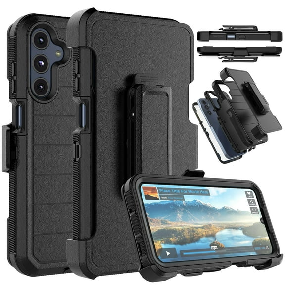 For Samsung Galaxy A16 5G Case with Built-in Screen Protector and Holster Belt Clip, Military Grade Protection Shockproof Heavy Duty Rugged Kickstand Phone Cover for Galaxy A16 5G Case - Black