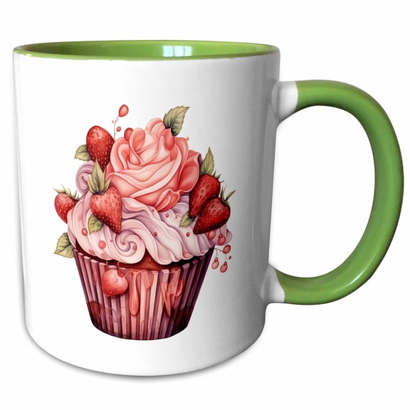 3drose, Pretty Image of Watercolor Strawberry Valentine Cupcake Illustration, 15oz Two-tone Green Mug